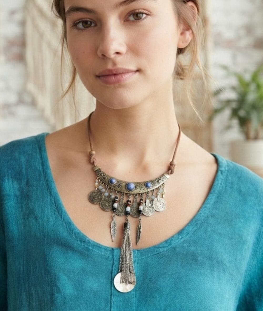 Handmade/Upcycled Boho Dangling Coin Necklace with Leather Strap